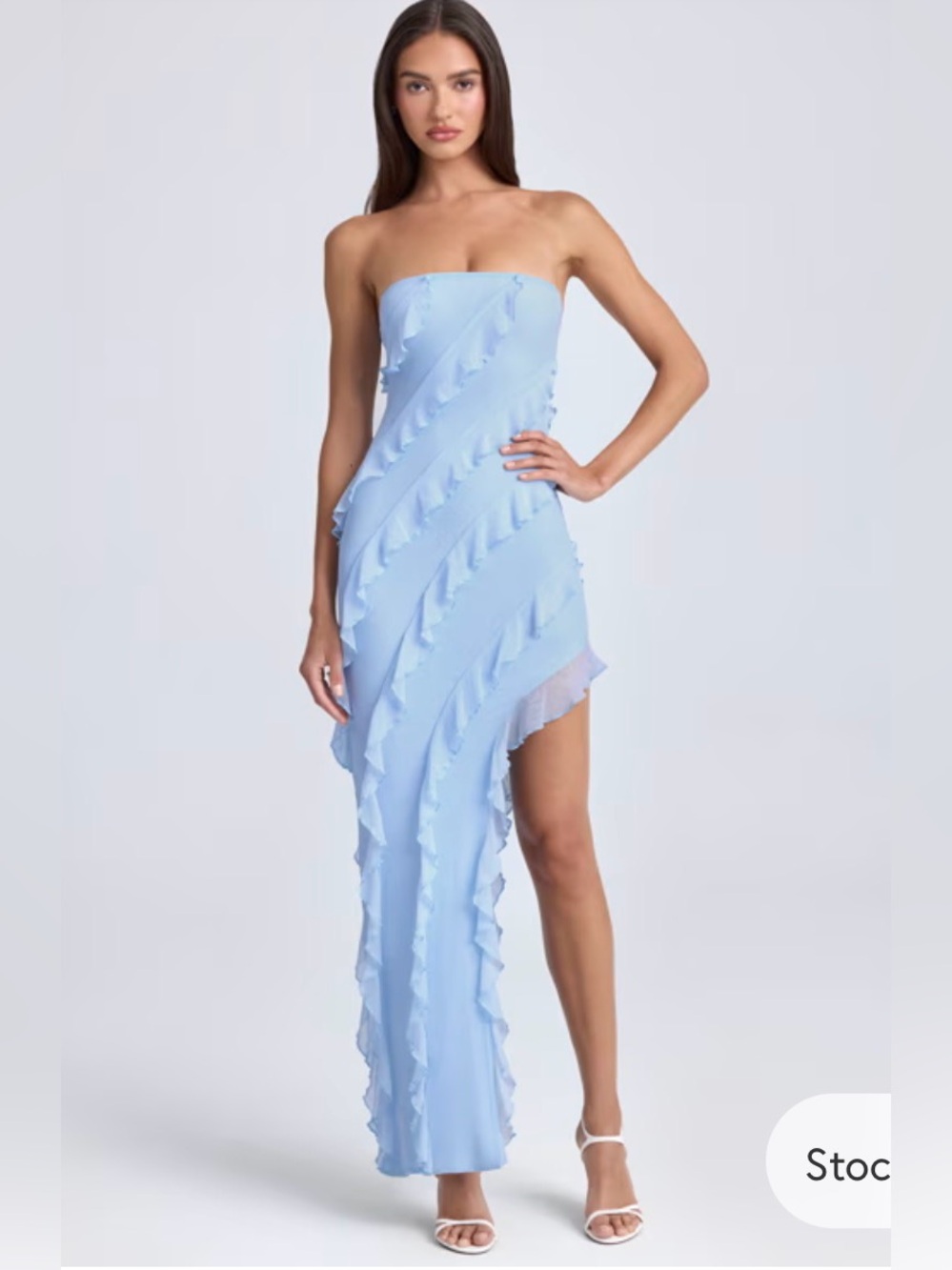 Oh Polly Light Blue Strapless Ruffle Asymmetric Maxi Dress